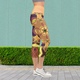 Leggings Capri Dessin Mandala Fleur jaune violet et orange