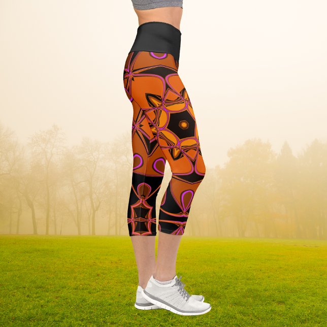 Leggings Capri Dessin Mandala Fleur orange rose et noir (Créateur téléchargé)