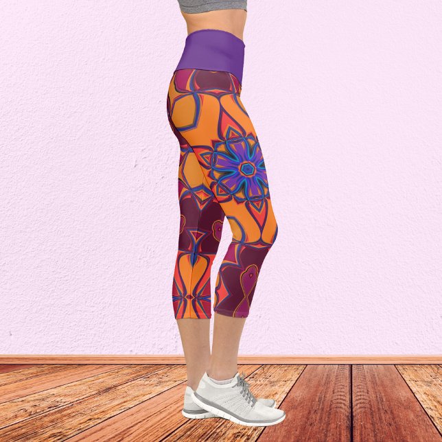 Leggings Capri Dessin Mandala Fleur orange violet et bleu (Créateur téléchargé)
