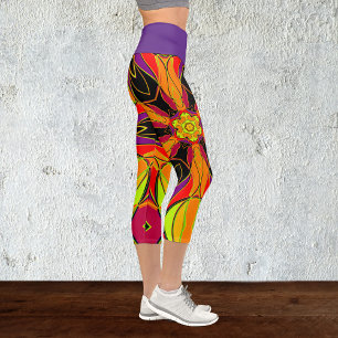 Leggings Capri Dessin Mandala Fleur orange violet et rouge