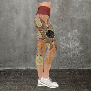 Leggings Capri Dessin Mandala Fleur rouge orange et jaune