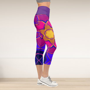 Leggings Capri Dessin Mandala Flower jaune rose et bleu