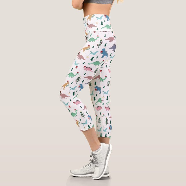 Leggings Capri Dinosaures festifs Motif de Noël (Gauche)