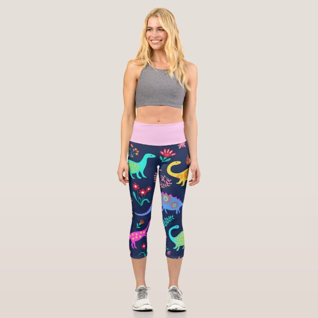 Leggings Capri Dinosaures Multicolor Cute Capris à haute taille (Recto)