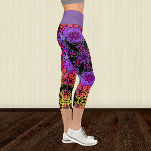 Leggings Capri Dot Mandala Fleur violet orange et jaune