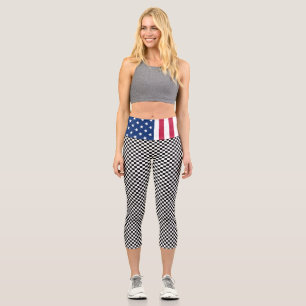 Leggings Capri Drapeau Patriotique USA moderne Noir Blanc À damie