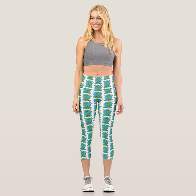 Leggings Capri Drôle vert souriant animé lézard d'iguane (Recto)