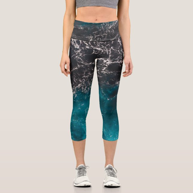 Leggings Capri Eau sombre noire bleu mousse ondulée (Recto)