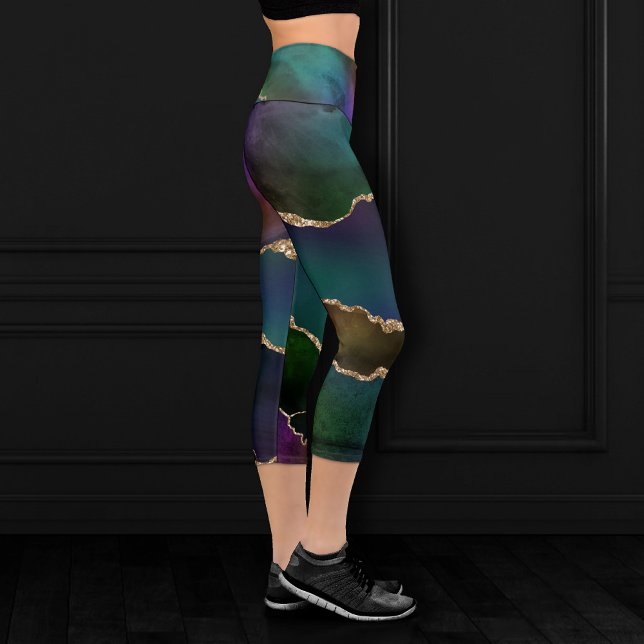 Leggings Capri Edgy Agate | Dark Moody Jewel Tone Turquoise (Créateur téléchargé)