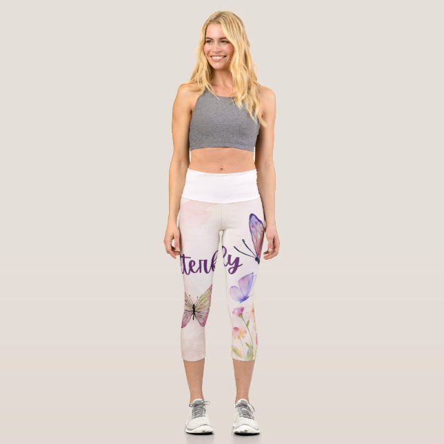 Leggings Capri Élégance en floraison : Rose & Papillon (Recto)