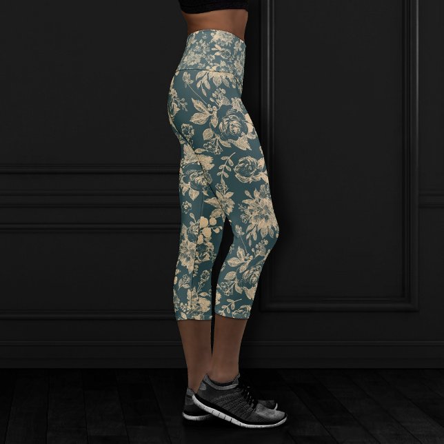 Leggings Capri Élégant botanique | Forêt Vert Sepia Gold Floral (Créateur téléchargé)