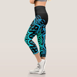 Leggings Capri Elégant Mandala bleu et Turquoise sur Black Capri 