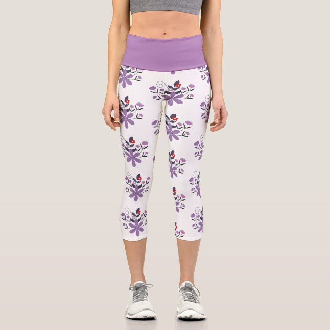 Leggings Capri Élégant motif floral violet violet gris rouge (Recto)