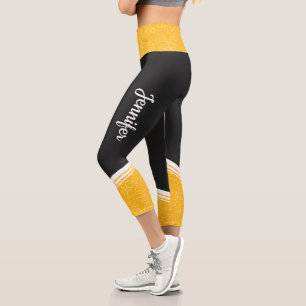 Leggings Capri Élégant noir jaune floral blanc rayures et nom