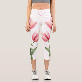 Leggings Capri Elegant Pink Tulips Floral and Heart Mom Gift 