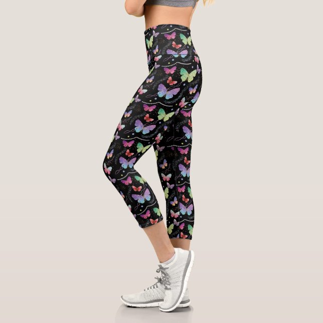 Leggings Capri Élégant Purple et Bleu Bright Papillons Leggin (Gauche)
