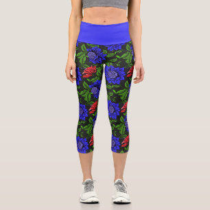 Leggings Capri Élégant Tropical Blue Red Flower Black Arrière - p