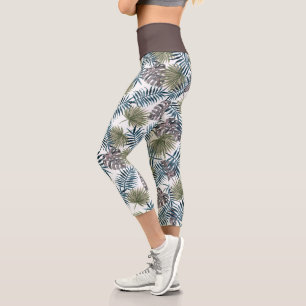 Leggings Capri Elégant Tropical Turquoise Blue Palm Tree Feuilles