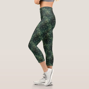 Leggings Capri Élégant vert vintage damassé motif floral