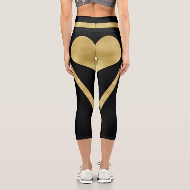 Leggings Capri Élégante Bande Coeur Or Sur Noir (Verso)