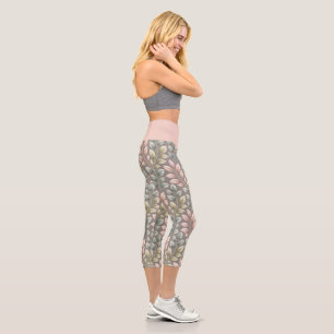 Leggings Capri Élégantes feuilles botaniques roses et sauge Exerc