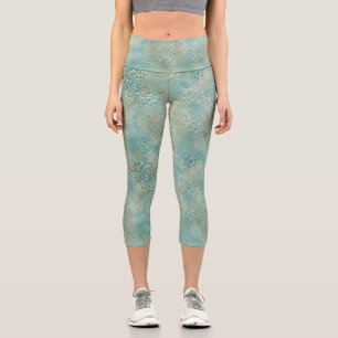Leggings Capri Empreinte de léopard turquoise Gold Glam