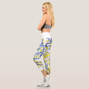 Leggings Capri Esquisse d'art Abstrait Lignes bleues Courbes Lége