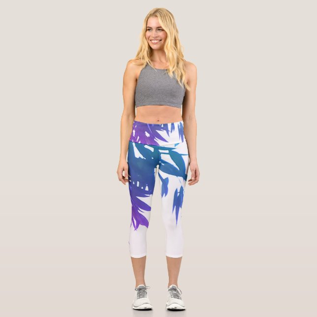 Leggings Capri Eucalyptus feuille bleu, violet Capris haut taille (Recto)