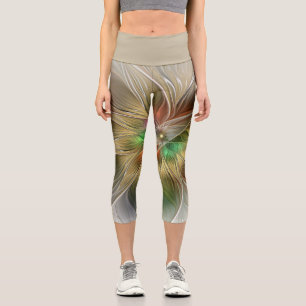 Leggings Capri Fantaisie florale avec fractal abstrait moderne or