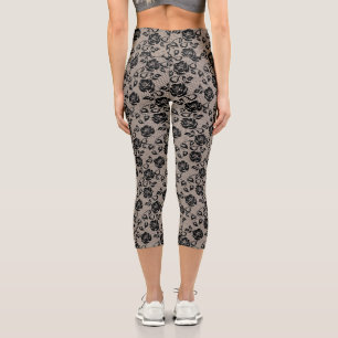 Leggings Capri Faux Black Rose Lace Fishnet - Romantique Élégan