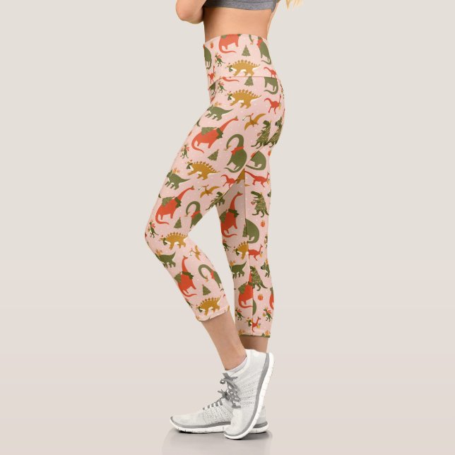 Leggings Capri Festif Dinosaur sapin de Noël Motif de vacances (Gauche)