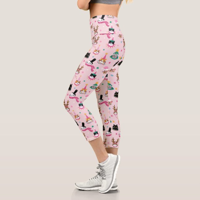 Leggings Capri Festive Chat Faces en Motif Casquette de vacances (Gauche)
