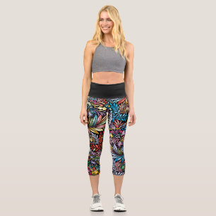 Leggings Capri Feuille arc-en-ciel sur fond noir