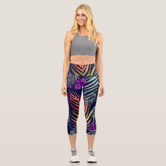 Leggings Capri Feuilles d'aquarelle tropicale, éclaboussure abstr
