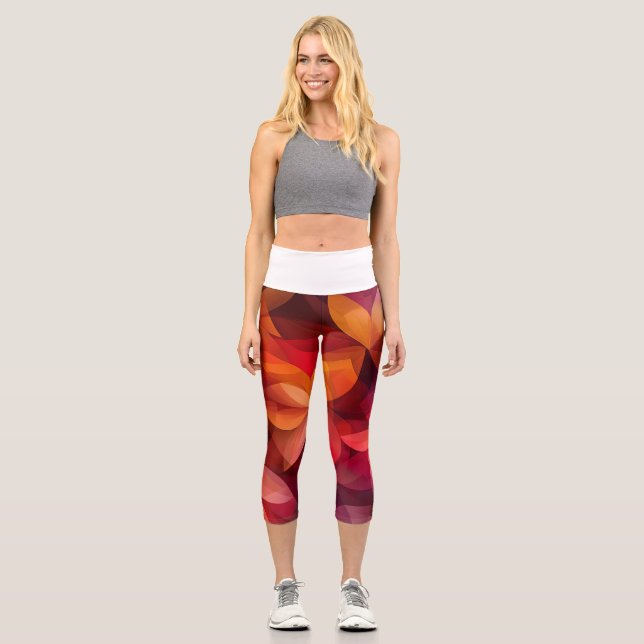Leggings Capri 🍁 Feuilles d'automne vibrantes en rouge et orange (Recto)