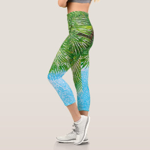 Leggings Capri Feuilles de palmier Vibes d'été Vert pâle