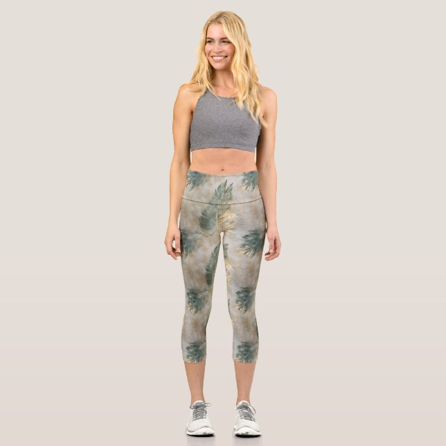 Leggings Capri Feuilles tropicaux Gold Green (Recto)