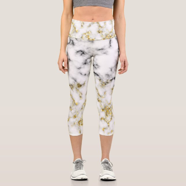 Leggings Capri Flacons brillants en marbre noir et blanc (Recto)