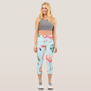 Leggings Capri Flamants roses Fleurs tropicales Motif aquarelle