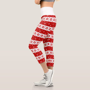 Leggings Capri Flammes de neige et balles de Noël blanc et rouge