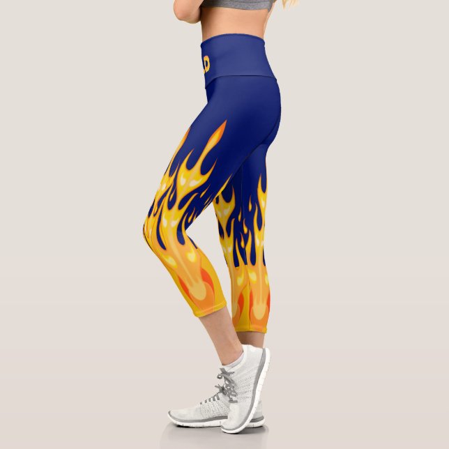 Leggings Capri Flammes jaunes orange en gras sur bleu (Gauche)