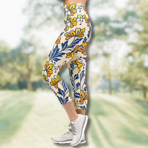 Leggings Capri Fleur Bleue Feuillue de Style Folk Orange Jaune Vi