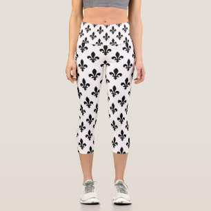 Leggings Capri Fleur de Lis Motif, Royal French, Noir sur Blanc