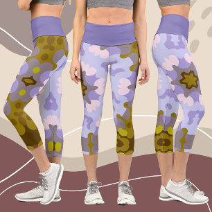 Leggings Capri Fleur de Mandala jaune bleu et violet rétro