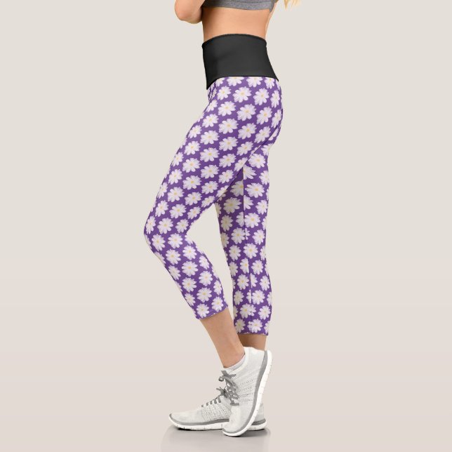 Leggings Capri Fleur de marguerite imprimé motif rose haute taill (Gauche)