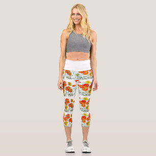 Leggings Capri Fleur de pavot orange rouge aquarelle pavots