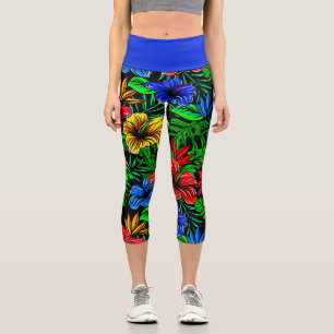 Leggings Capri Fleur d'Hibiscus bleu rouge tropical