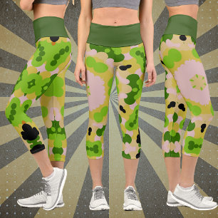 Leggings Capri Fleur Retro Mandala jaune vert et blanc