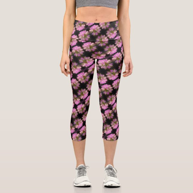 Leggings Capri Fleur Rose Et Blanc Fermer Le Cou Motif (Recto)