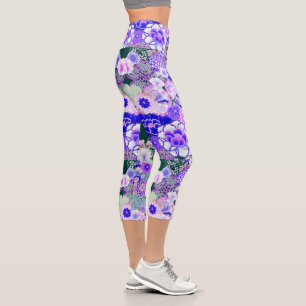 Leggings Capri FLEURS BLANCHES BLEUES Rose pivoines Floral japona